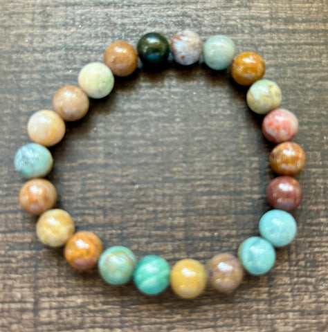 Natural Stone Gem Bracelet 7.5 inch 8mm Stretch -Ocean Jasper