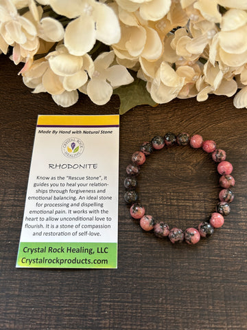 Natural Stone Gem Bracelet 7.5 inch 8mm Stretch-Rhodonite