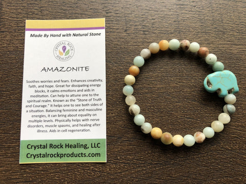 Natural Stone Gem Bracelet 7.5 inch 8mm Stretch-Amazonite w/ Elephant