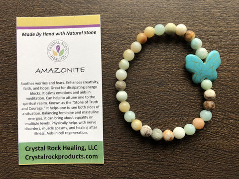 Natural Stone Gem Bracelet 7.5 inch Stretch-Amazonite w/ Butterfly