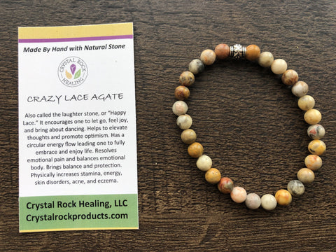 Natural Stone Gem Bracelet 7.5 inch 6mm Stretch -Crazy Lace Agate
