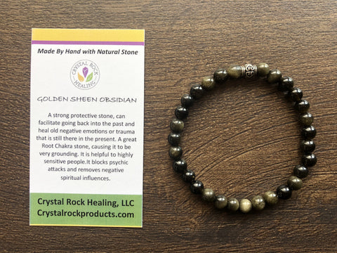 Natural Stone Gem Bracelet 7.5 inch 6mm Stretch- Golden Sheen Obsidian