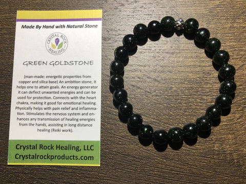 Natural Stone Gem Bracelet 7.5 inch Stretch-Green Goldstone