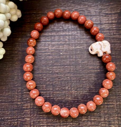 Natural Stone Gem Bracelet 7.5 inch 6mm Stretch-Goldstone w/Elephant
