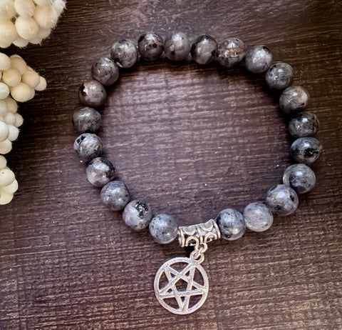 Natural Stone Gem Bracelet 7.5 inch 8mm Stretch -Larvikite W/ Charm