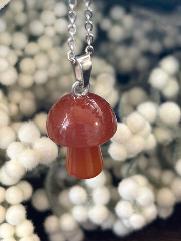 Metal Chain Necklace - Agate Carnelian Mushroom