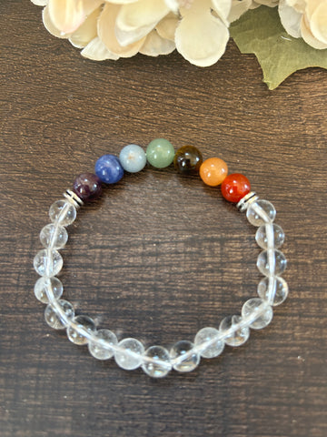 Natural Stone Gem Bracelet 7 inch 8mm Stretch -Chakra with Clear Quartz