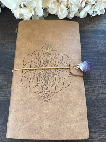 Notebook Journal - Chakra Flower of Life with Amethyst Crystal, Light Brown