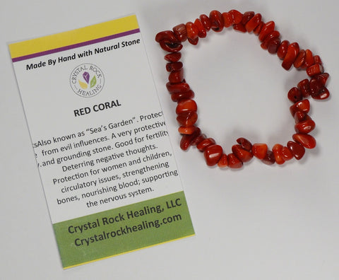 Natural Stone Chip Bracelet 7 inch Stretch-Red Coral