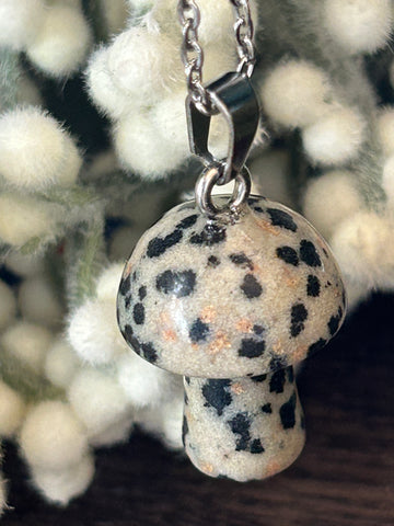 Metal Chain Necklace - Dalmatian Jasper Mushroom