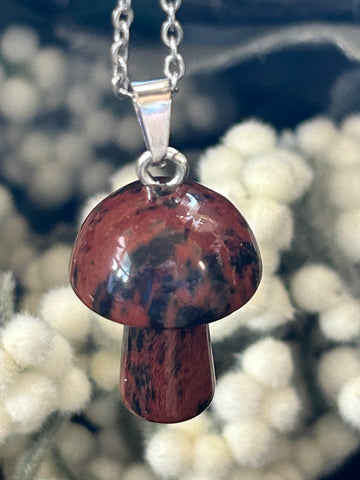 Metal Chain Necklace - Mahogany Obsidian Mushroom