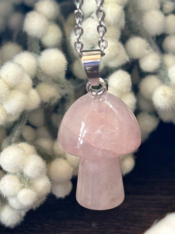 Metal Chain Necklace - Rose Quartz Mushroom