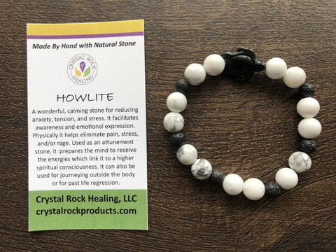 Natural Stone Gem Bracelet 7 inch Stretch-Howlite W/ lava and turtle