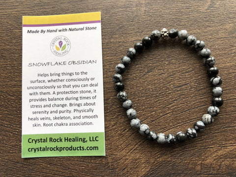 Natural Stone Gem Bracelet 7 inch Stretch-Snowflake Obsidian