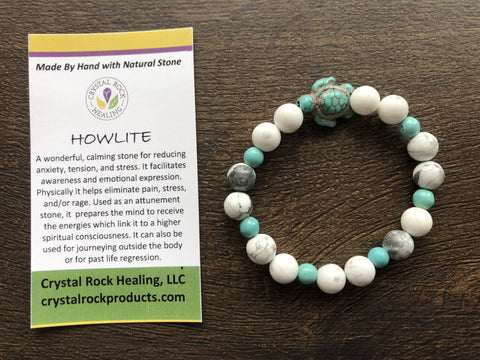 Natural Stone Gem Bracelet 7 inch Stretch-Howlite W/ Turtle